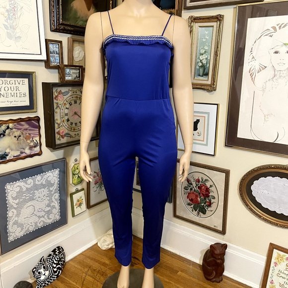 80s Vintage JCPenney Blue Polyester Jumpsuit and Jacket Set with Braided Trim - Picture 3 of 9